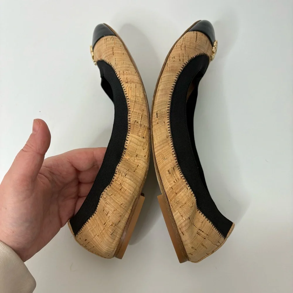 Tory Burch Black and Natural Cork Cap-Toe Ballet Flats